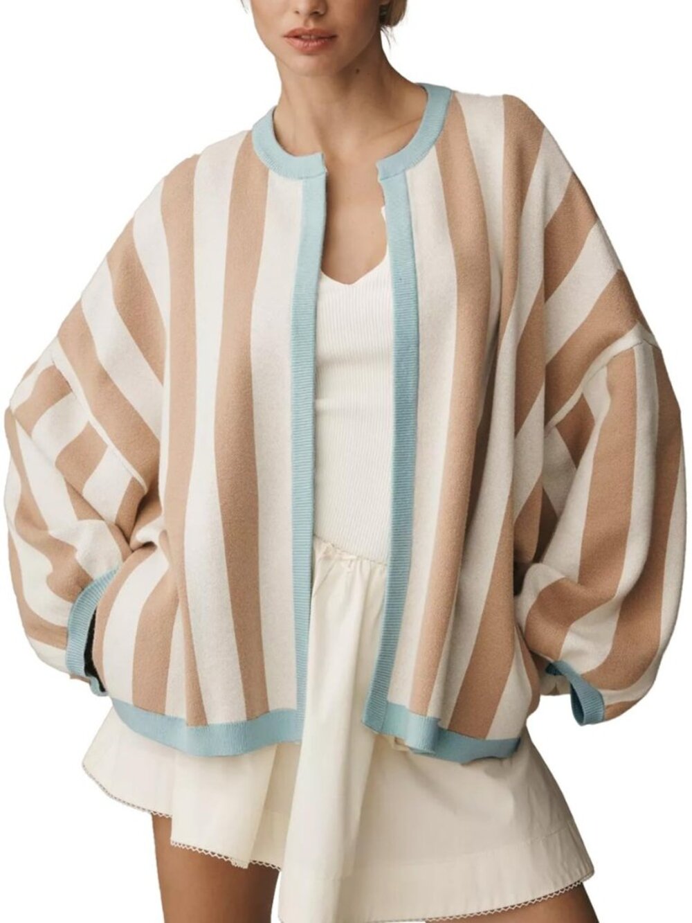 Striped Cardigan Sweaters for Women Balloon Sleeve Sweater